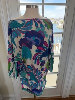 Trina Turk Cream Swim Coverup Tunic with Blue, Teal, Purple & Pink Paisley